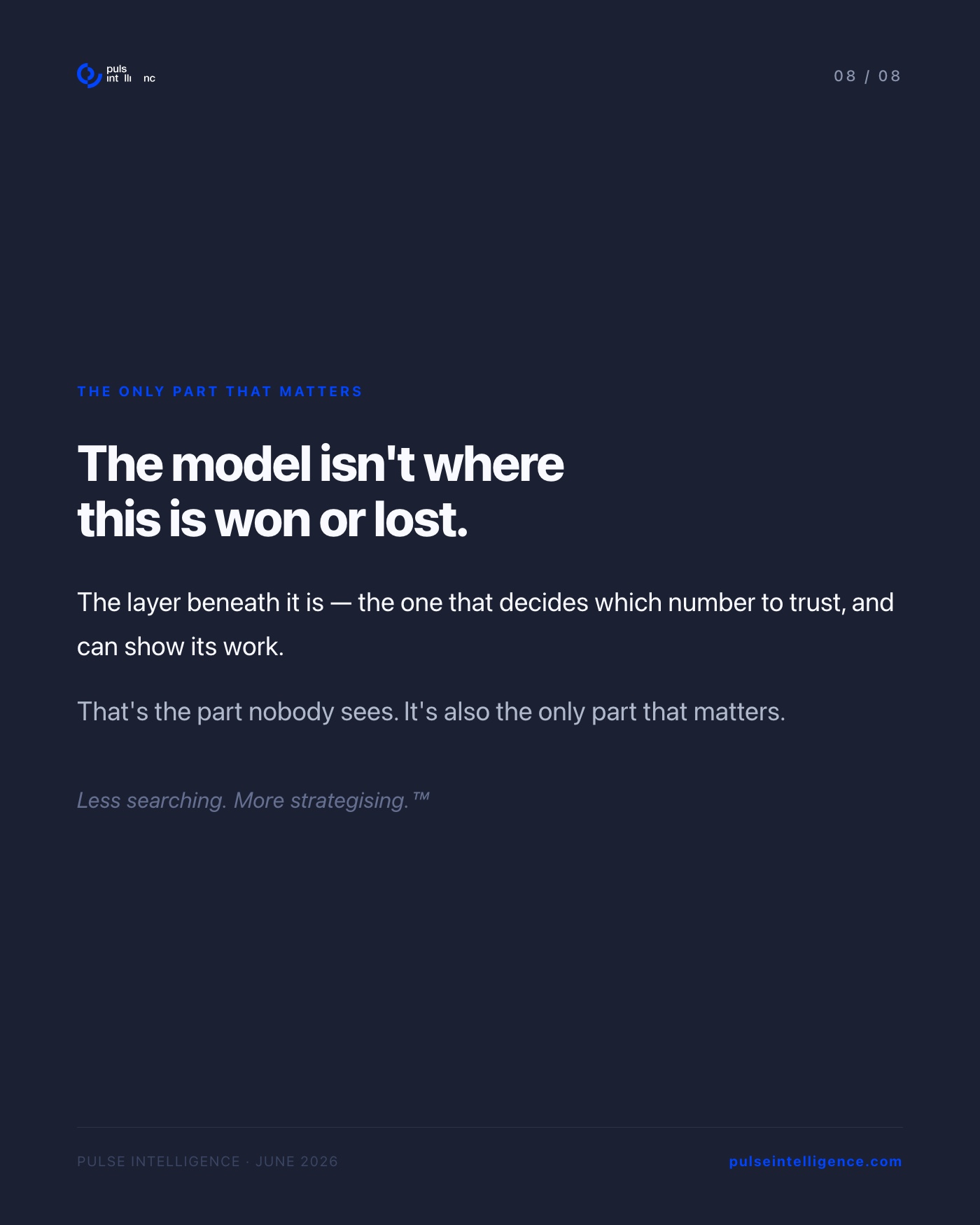 The model isn't where this is won or lost. The layer beneath it is — the one that decides which number to trust, and can show its work. That's the part nobody sees. It's also the only part that matters. Pulse Intelligence. Less searching. More strategising.